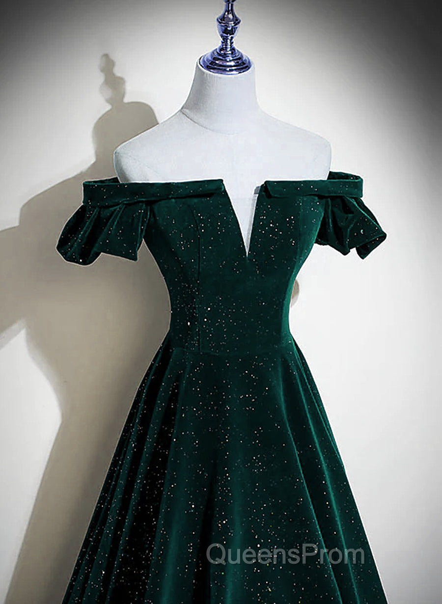 Dark Green Velvet Off Shoulder Long Party Dress, Green A-line Evening Prom Dress