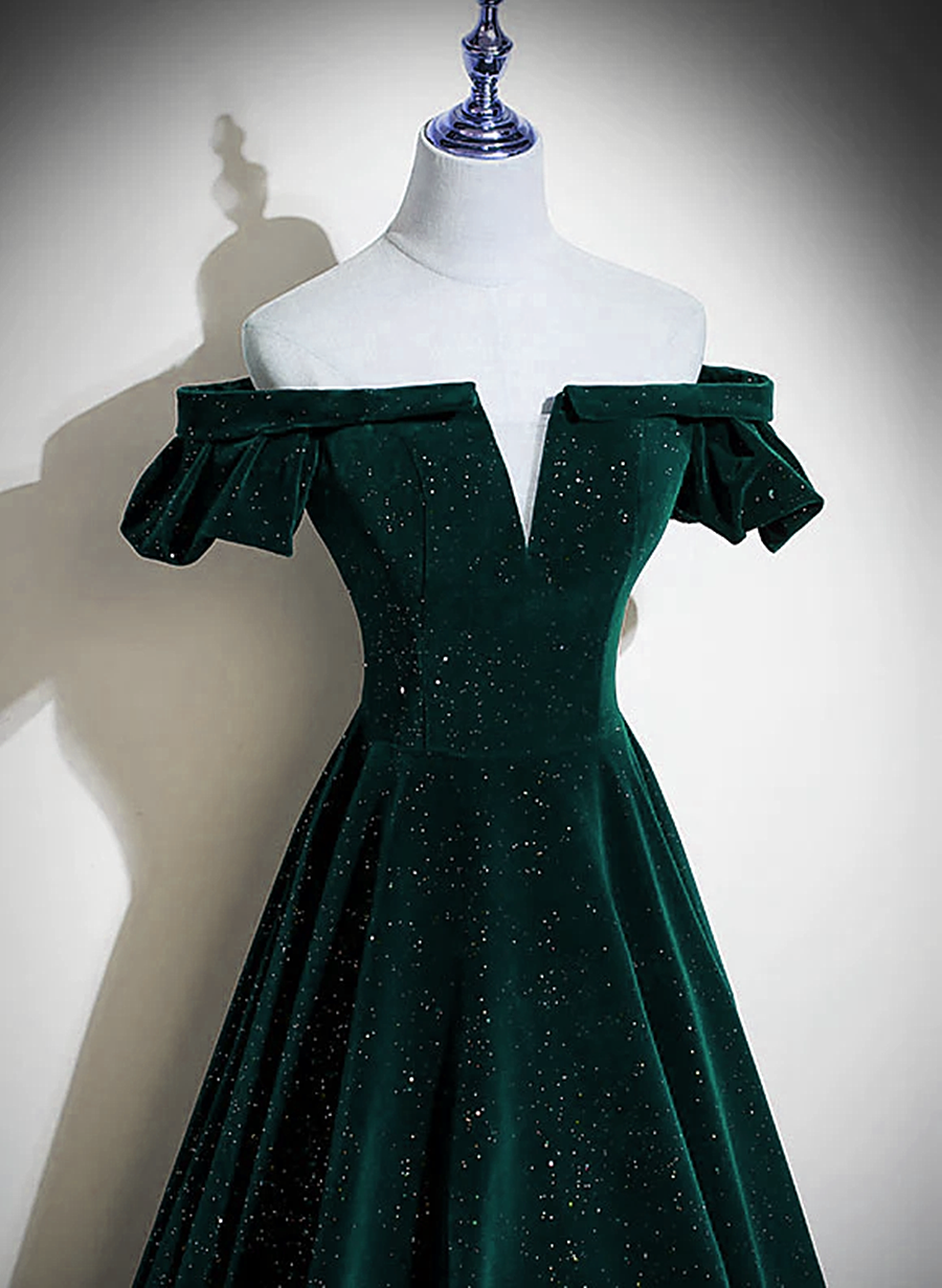 Dark Green Velvet Off Shoulder Long Party Dress, Green A-Line Classy Prom Dress Secondary image
