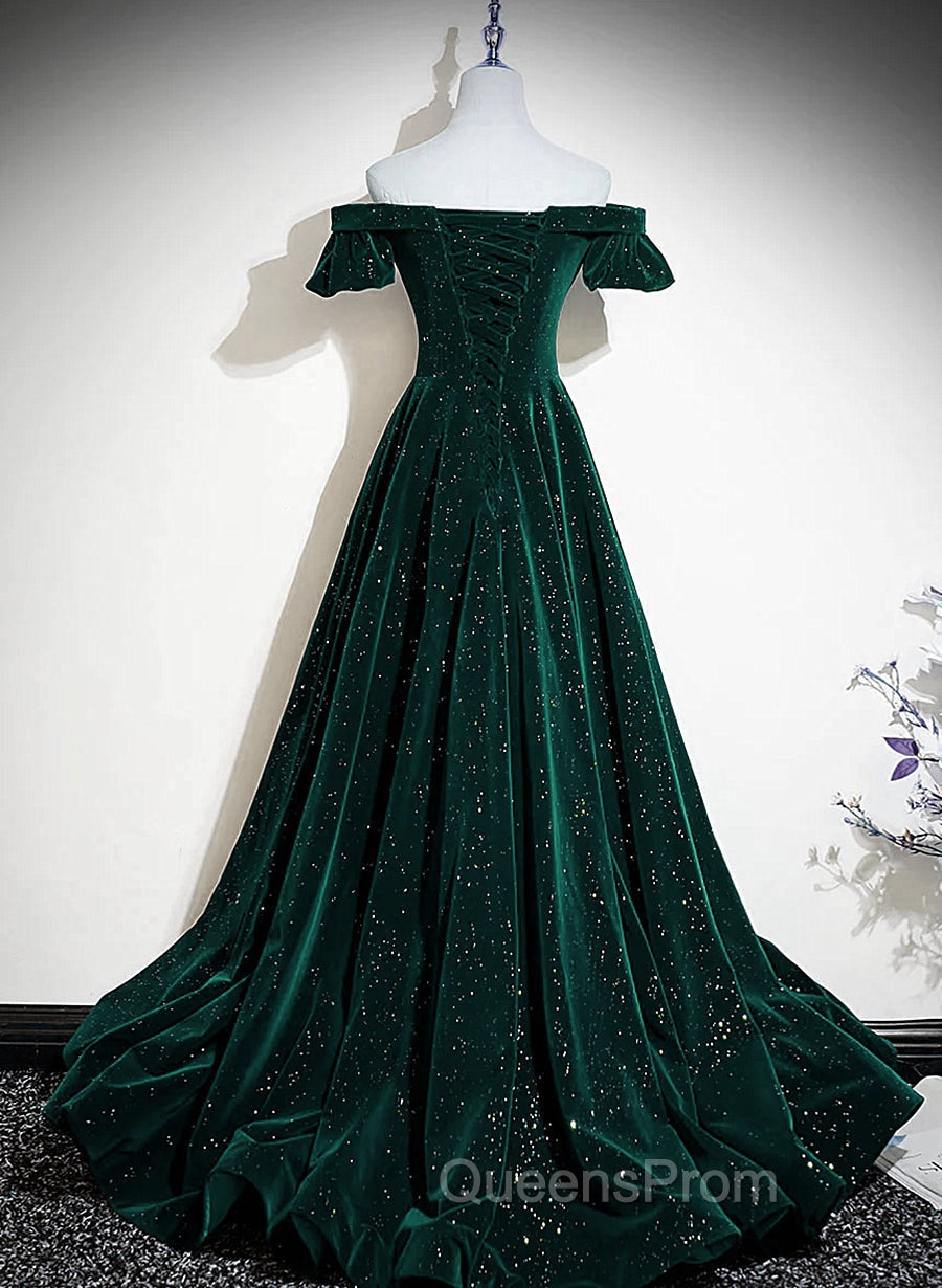 Dark Green Velvet Off Shoulder Long Party Dress, Green A-line Evening Prom Dress Secondary image