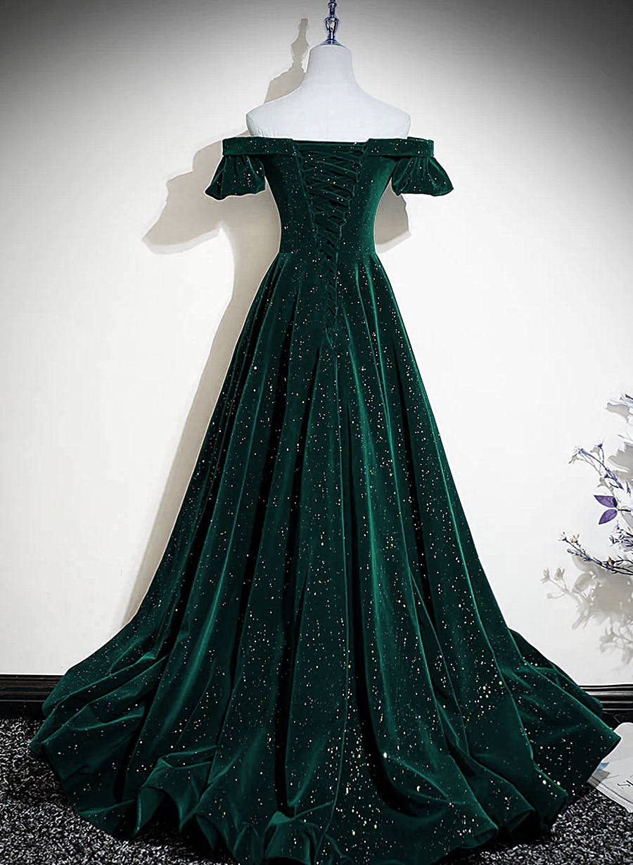 Dark Green Velvet Off Shoulder Long Party Dress, Green A-Line Classy Prom Dress