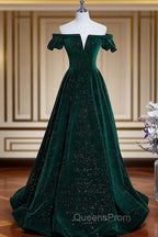 Dark Green Velvet Off Shoulder Long Party Dress, Green A-line Evening Prom Dress