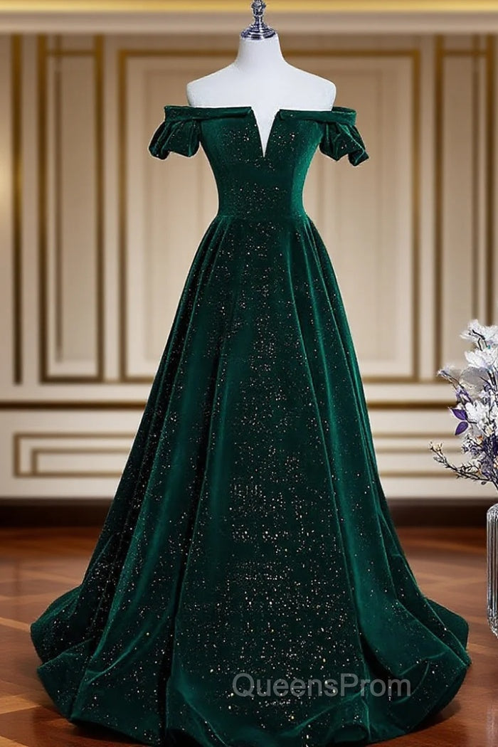 Dark Green Velvet Off Shoulder Long Party Dress, Green A-line Evening Prom Dress