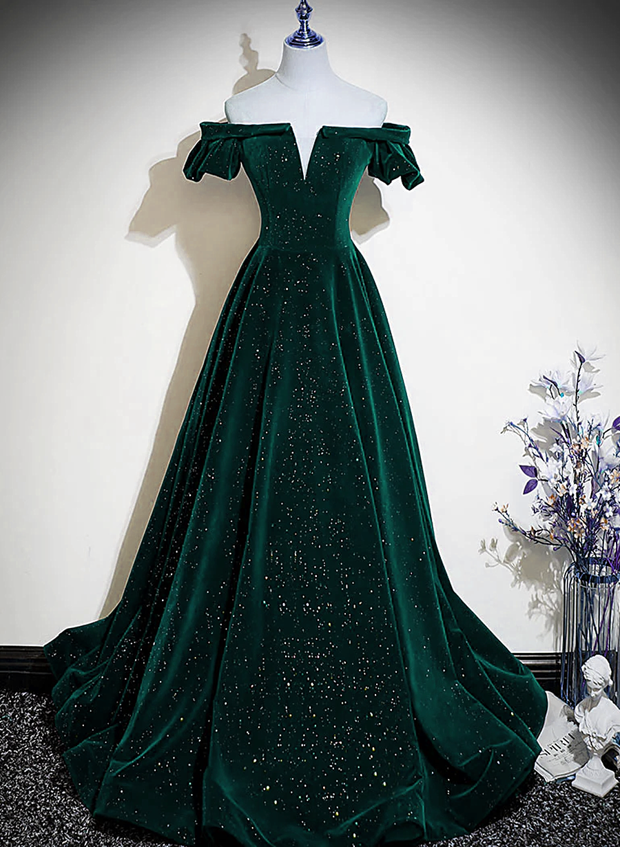 Dark Green Velvet Off Shoulder Long Party Dress, Green A-Line Classy Prom Dress Main image