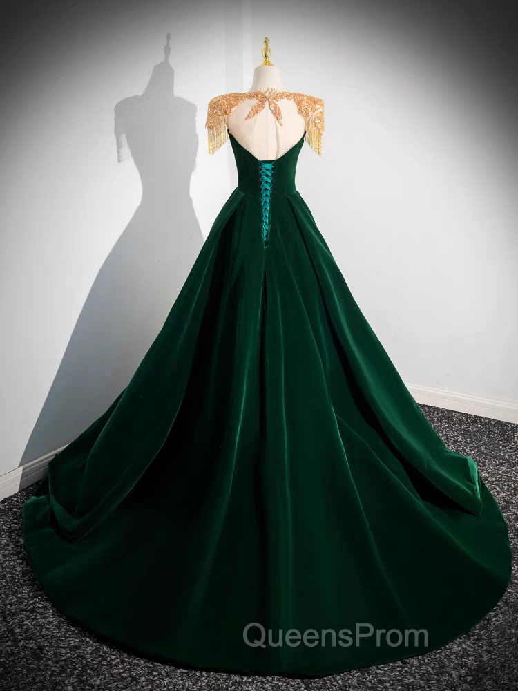 Dark Green Velvet Evening Prom Dress Vintage Gold Beaded Neckline Evening Gown Secondary image