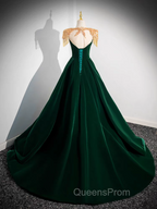 Dark Green Velvet Evening Prom Dress Vintage Gold Beaded Neckline Evening Gown