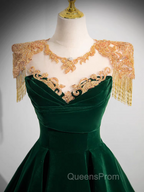 Dark Green Velvet Evening Prom Dress Vintage Gold Beaded Neckline Evening Gown