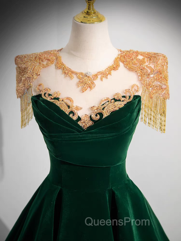 Dark Green Velvet Evening Prom Dress Vintage Gold Beaded Neckline Evening Gown