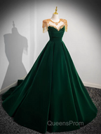 Dark Green Velvet Evening Prom Dress Vintage Gold Beaded Neckline Evening Gown