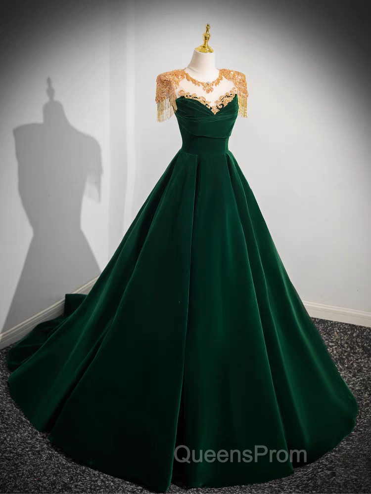 Dark Green Velvet Evening Prom Dress Vintage Gold Beaded Neckline Evening Gown