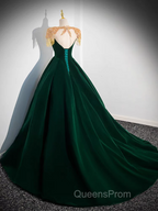 Dark Green Velvet Evening Prom Dress Vintage Gold Beaded Neckline Evening Gown