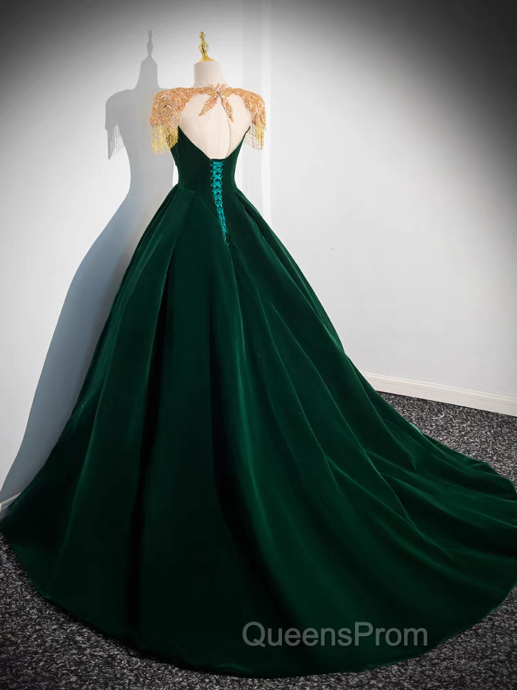 Dark Green Velvet Evening Prom Dress Vintage Gold Beaded Neckline Evening Gown