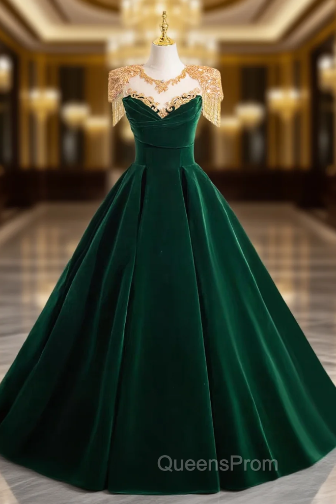 Dark Green Velvet Evening Prom Dress Vintage Gold Beaded Neckline Evening Gown Main image