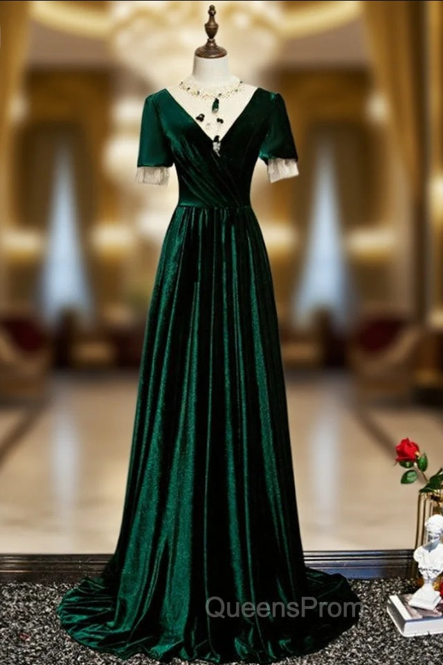Dark Green Velvet Short Sleeve Open Back Beading Evening Prom Dress Main image