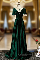 Dark Green Velvet Short Sleeve Open Back Beading Evening Prom Dress