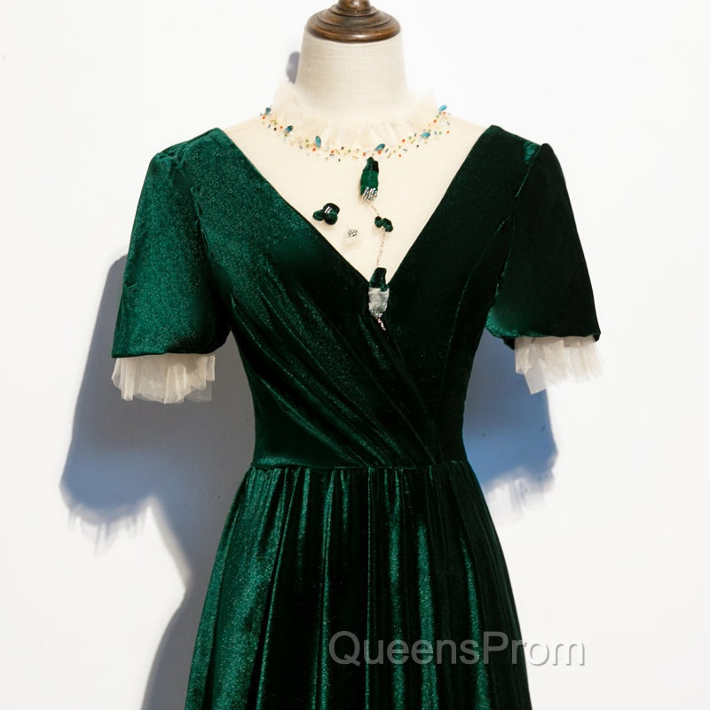 Dark Green Velvet Short Sleeves A-line Bridesmaid Dress, A-line Wedding Party Dress Evening Prom Dress