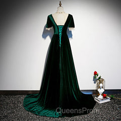 Dark Green Velvet Short Sleeves A-line Bridesmaid Dress, A-line Wedding Party Dress Evening Prom Dress