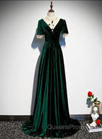 Dark Green Velvet Short Sleeves A-line Bridesmaid Dress, A-line Wedding Party Dress Evening Prom Dress