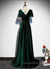Dark Green Velvet Short Sleeves A-line Bridesmaid Dress, A-line Wedding Party Dress Evening Prom Dress