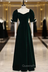 Dark Green Velvet Square Puff Sleeve Evening Prom Dress