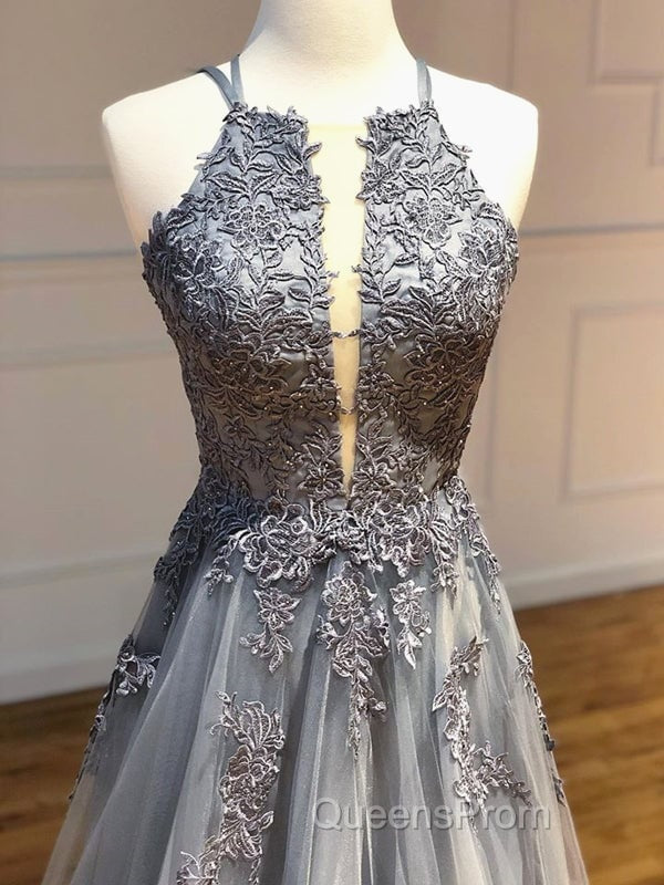Dark Grey Halter Backless Tulle with Lace Party Dress A-line Grey Evening Dress Evening Prom Dress shops
