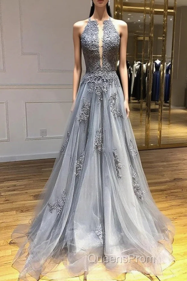 Dark Grey Halter Backless Tulle with Lace Party Dress A-line Grey Evening Dress Evening Prom Dress shops Main image