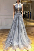 Dark Grey Halter Backless Tulle with Lace Party Dress A-line Grey Evening Dress Evening Prom Dress shops