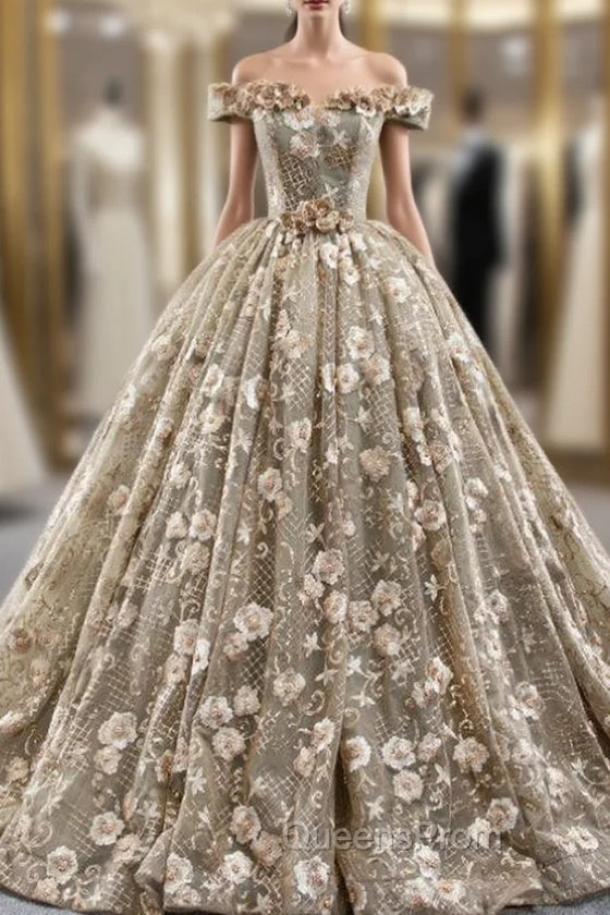 Dark Khaki Ball Gown Tulle Embroidery Appliques Off the Shoulder Evening Prom Dress