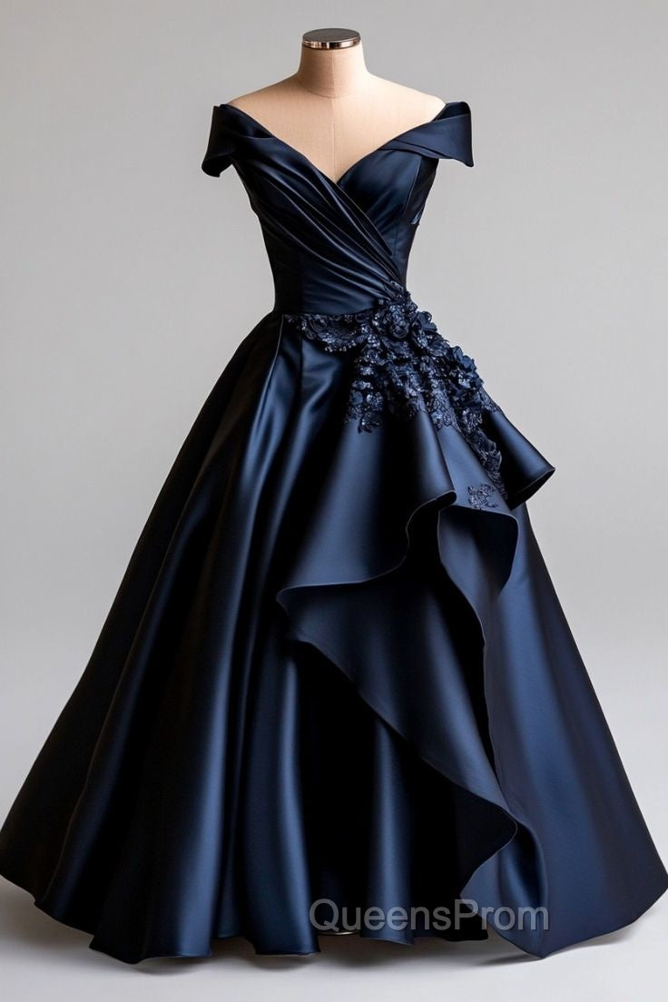 Dark Navy A-Line V Neck Satin Long Evening Prom Dress Simple Applique Evening Dress Secondary image