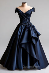 Dark Navy A-Line V Neck Satin Long Evening Prom Dress Simple Applique Evening Dress