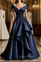 Dark Navy A-Line V Neck Satin Long Evening Prom Dress Simple Applique Evening Dress