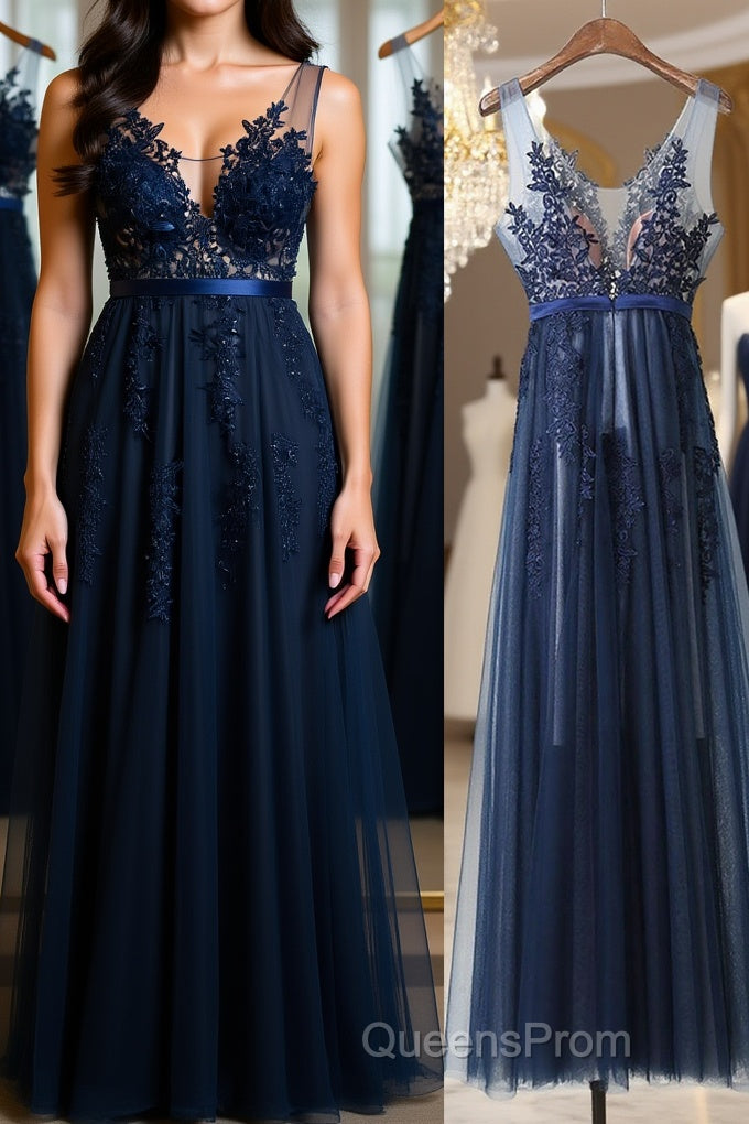Dark Navy Blue Lace Evening Prom Dress, Dark Navy Blue Lace Formal Bridesmaid Dress Main image
