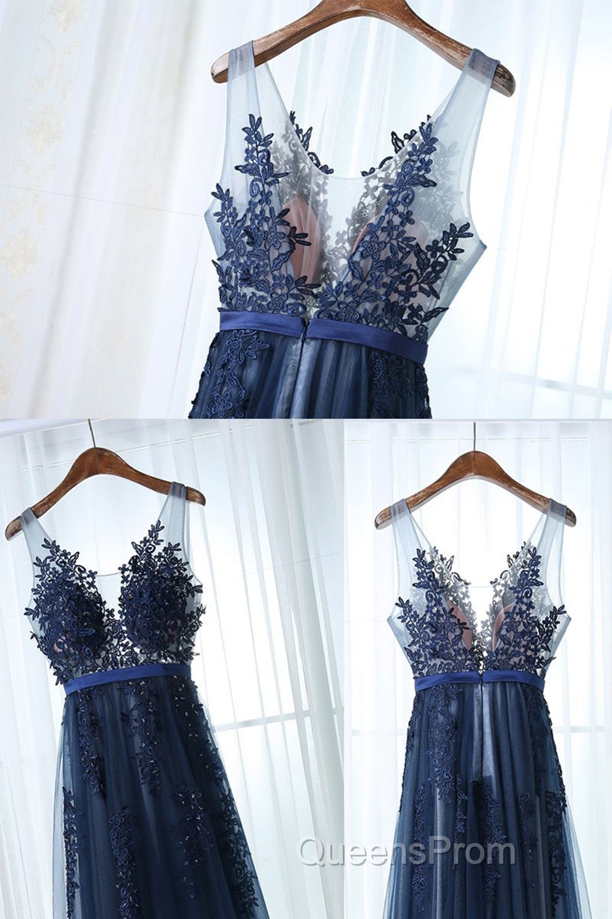 Dark Navy Blue Lace Evening Prom Dress, Dark Navy Blue Lace Formal Bridesmaid Dress Secondary image