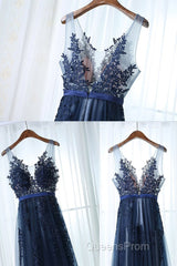 Dark Navy Blue Lace Evening Prom Dress, Dark Navy Blue Lace Formal Bridesmaid Dress