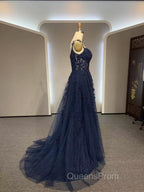 Dark Navy Blue Long Lace Evening Prom Dress, Dark Navy Blue Long Lace Evening Dress