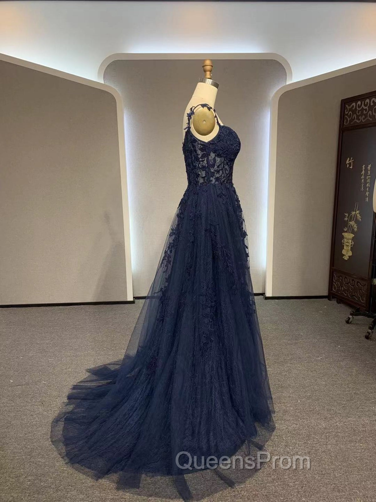 Dark Navy Blue Long Lace Evening Prom Dress, Dark Navy Blue Long Lace Evening Dress