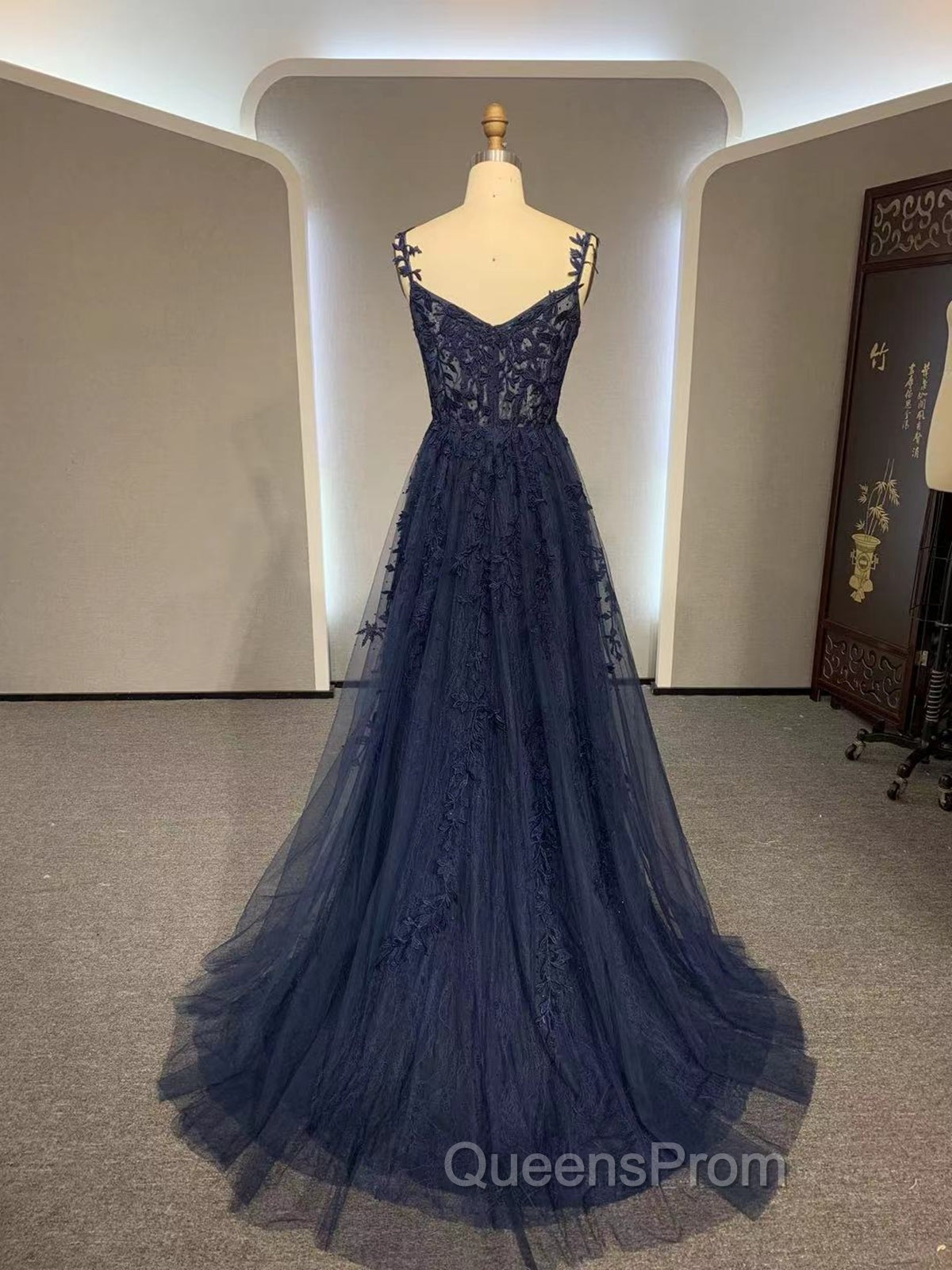 Dark Navy Blue Long Lace Evening Prom Dress, Dark Navy Blue Long Lace Evening Dress Secondary image
