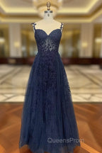 Dark Navy Blue Long Lace Evening Prom Dress, Dark Navy Blue Long Lace Evening Dress