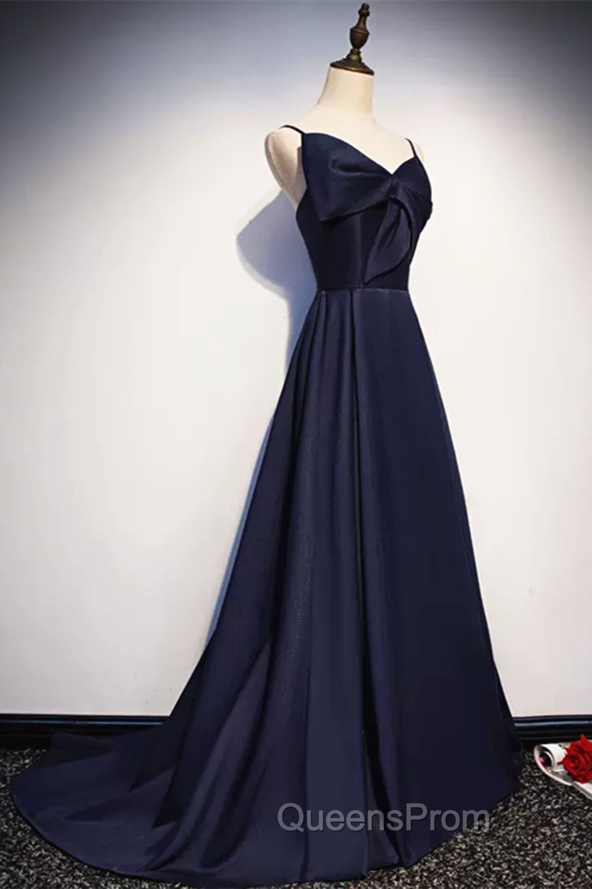Dark Navy Blue Long Satin Evening Prom Dress, Dark Navy Blue Long Evening Dress