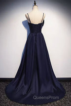 Dark Navy Blue Long Satin Evening Prom Dress, Dark Navy Blue Long Evening Dress