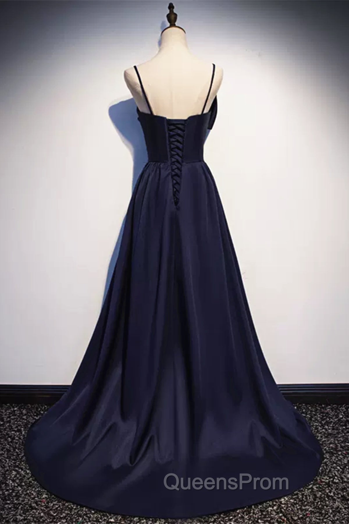 Dark Navy Blue Long Satin Evening Prom Dress, Dark Navy Blue Long Evening Dress