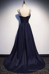 Dark Navy Blue Long Satin Prom Dresses, Dark Navy Blue Long Formal Evening Dresses