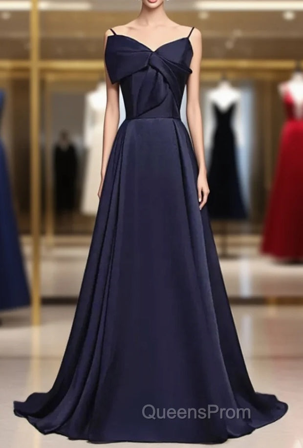 Dark Navy Blue Long Satin Evening Prom Dress, Dark Navy Blue Long Evening Dress Main image