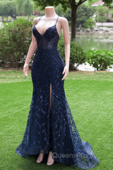 Dark Navy Blue Evening Prom Dress Long Sequins Mermaid Women Tulle Evening Dress Spaghetti Straps