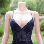 Dark Navy Blue Evening Prom Dress Long Sequins Mermaid Women Tulle Evening Dress Spaghetti Straps