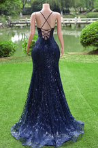 Dark Navy Blue Evening Prom Dress Long Sequins Mermaid Women Tulle Evening Dress Spaghetti Straps