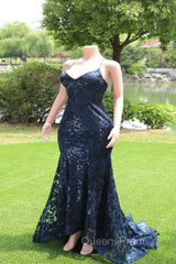 Dark Navy Blue Evening Prom Dress Sequins Mermaid Tulle Long Evening Dress Spaghetti Straps