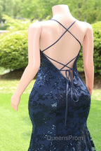 Dark Navy Blue Evening Prom Dress Sequins Mermaid Tulle Long Evening Dress Spaghetti Straps