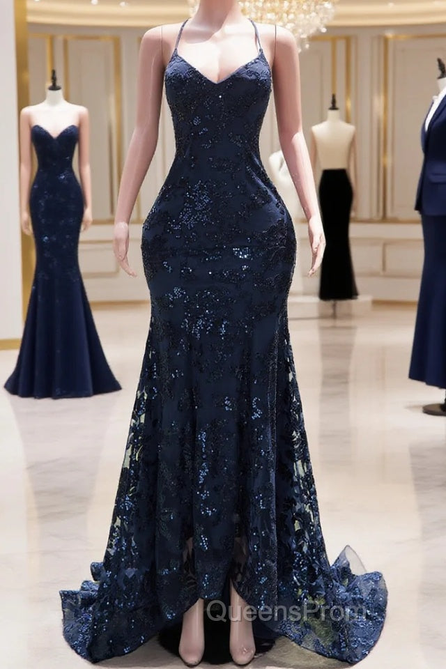 Dark Navy Blue Evening Prom Dress Sequins Mermaid Tulle Long Evening Dress Spaghetti Straps Main image