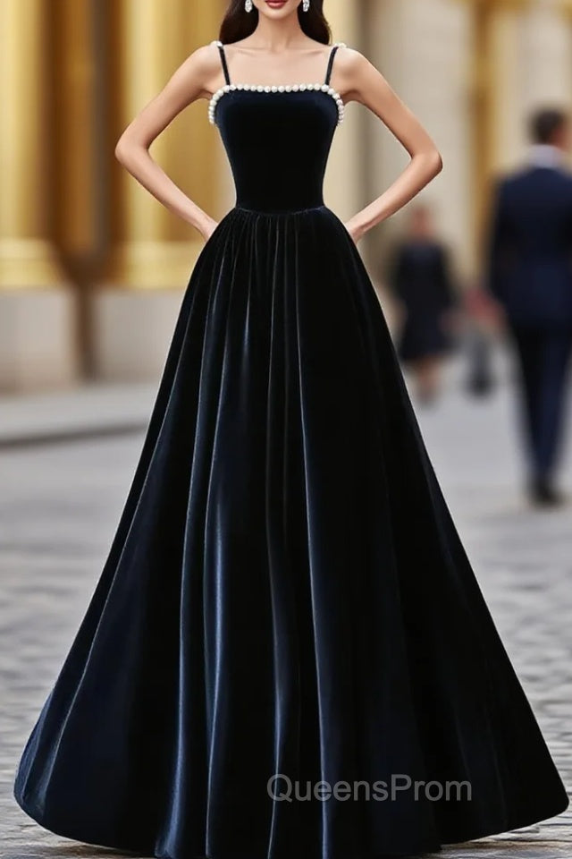 Dark Navy Blue Velvet Long Evening Prom Dress, Dark Navy Blue Velvet Long Evening Dress Main image