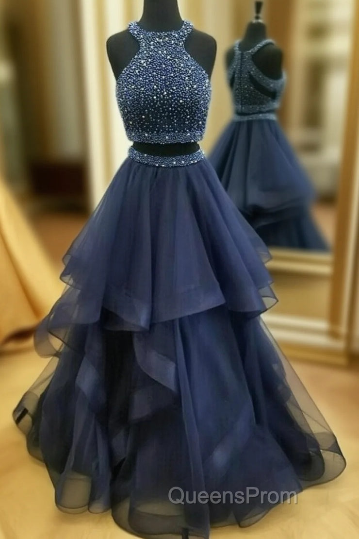 Dark Navy Halter Two Piece High Neck Tulle Beading Evening Prom Dress